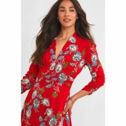 Joe Browns Red Vintage V Neck Abstract Floral Dress
