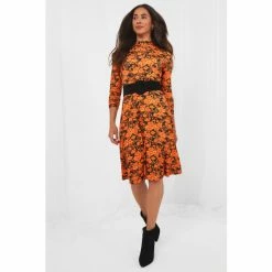 Joe Browns Orange Autumnal Funky Floral Long Sleeve Dress
