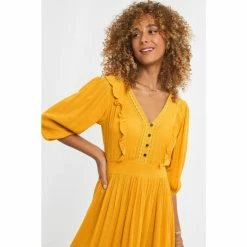 Joe Browns Yellow 3/4 Sleeve V Neck Ruffled Retro Dress -Joe Browns shop unnamed file 316