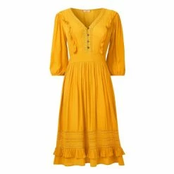 Joe Browns Yellow 3/4 Sleeve V Neck Ruffled Retro Dress -Joe Browns shop unnamed file 317