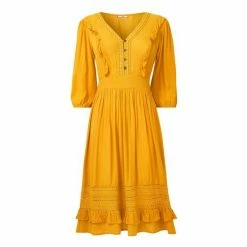 Joe Browns Yellow 3/4 Sleeve V Neck Ruffled Retro Dress -Joe Browns shop unnamed file 318