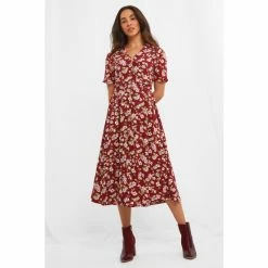 Joe Browns Red Short Sleeve V Neck Floral Tea Dress