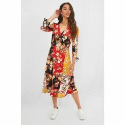 Joe Browns Red Mixed Floral Patchwork V Neck Dress