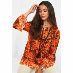 Joe Browns Orange Autumnal Boho Tassel Tie Floral Top