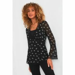 Joe Browns Black Mesh Long Sleeve Lace Bee Print Top